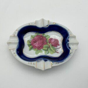 Porcelain VTG Ladies Ashtray Cobalt Blue Border Gold Trim Rose Transfer Design